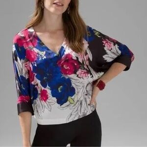 WHBM Multicolor Floral V-Neck Kimono Sleeve Satin Blouse
